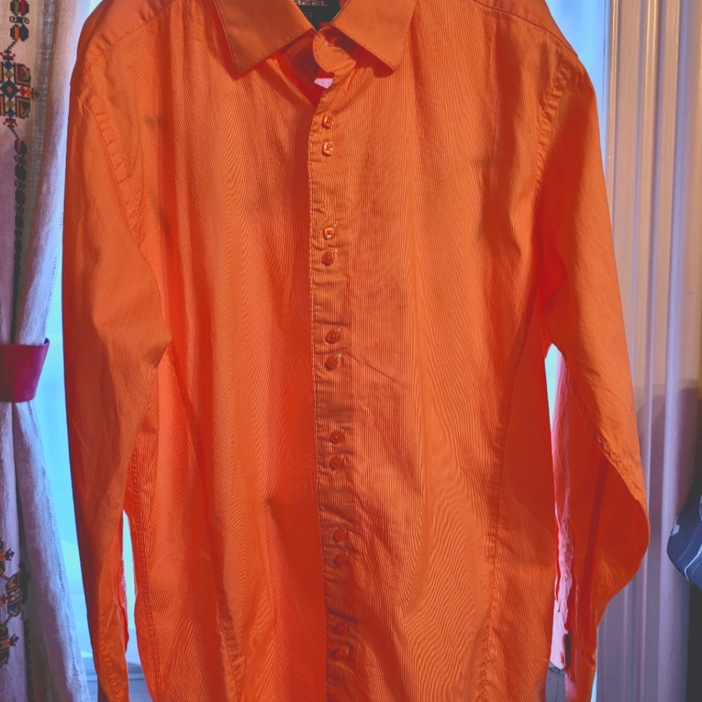 Cotton Reel Orange Long Sleeve Shirt Floral Plackets Paired Square Buttons L